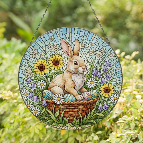 Easter Bunny Woven Basket Filled With Easter Eggs Spring Flowers - Easter Home Decor Gift Stained Glass Suncatcher