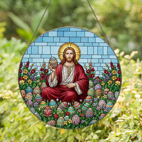 Seated Jesus Golden Halo Easter Eggs Stained Glass Mosaic - Easter Home Decor Stained Glass Suncatcher