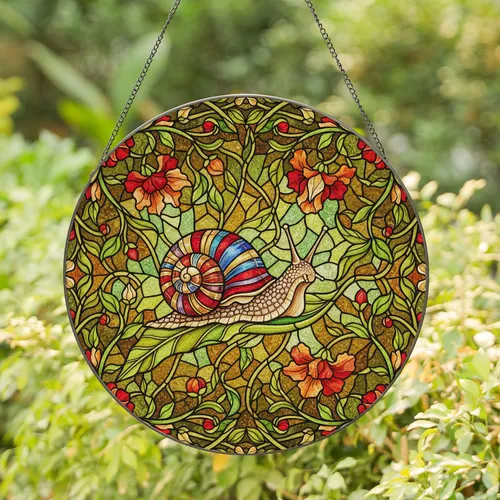 Snail Spiraling Shell on Verdant Leaf with Multi-Petal Flowers - Nature Home Decor Gift Stained Glass Suncatcher
