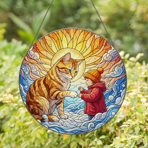Tabby Cat Child Tender Bond Luminous Aura Swirling Rays - Home Decor Gift for Cat Lovers Stained Glass Suncatcher