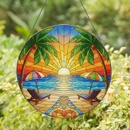 Tropical Beach Sunset Palm Trees Umbrellas - Home Decor Gift for Beach Lover Stained Glass Suncatcher