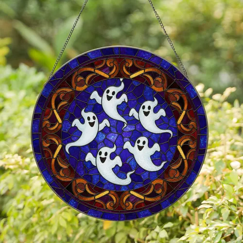 Six Ghosts Black Oval Eyes Open Mouths Swirling Bands - Halloween Home Decor Gift Stained Glass Suncatcher