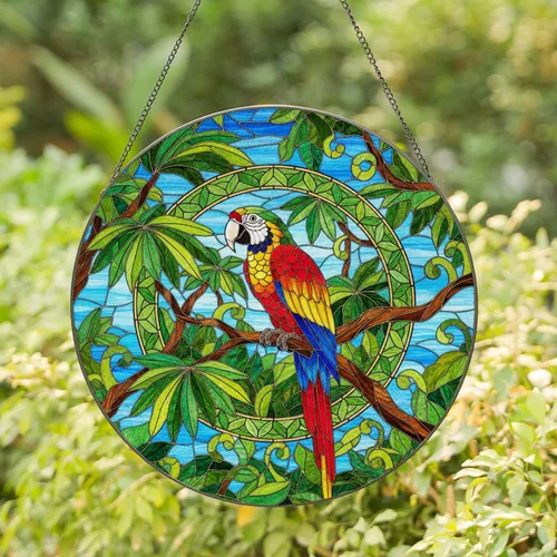 Macaw Parrot Tropical Foliage Jungle Canopy - Bird Lover Home Decor Gift Stained Glass Suncatcher
