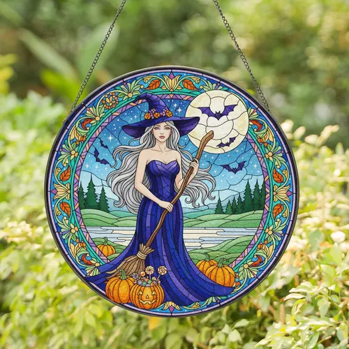 Witch Full Moon Night Sky Bats Pumpkin Hills Water Scene - Halloween Gift for Witch Lover Stained Glass Suncatcher