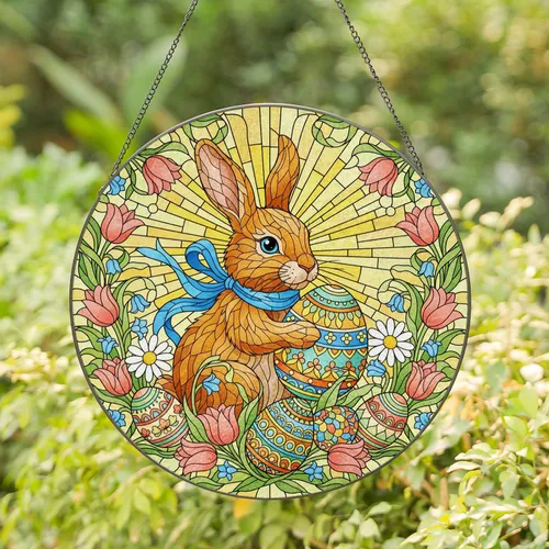 Fluffy Easter Bunny Hugging Egg Floral Spring Garden - Easter Holiday Home Decor Gift Stained Glass Suncatcher
