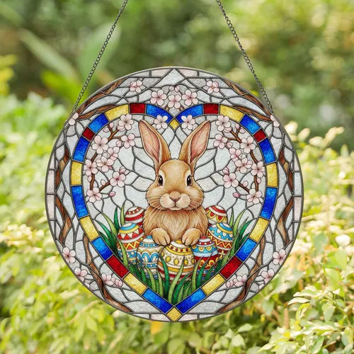 Fluffy Bunny Easter Eggs Heart Cherry Blossom Green Grass - Spring Holiday Home Decor Gift Stained Glass Suncatcher