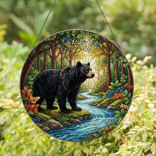 Black Bear Forest Stream Mossy Rock Foliage - Wildlife Lover Home Decor Gift Stained Glass Suncatcher