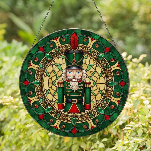 Nutcracker Soldier Shako Hat Baroque Filigree Jewel Border - Christmas Holiday Decor Stained Glass Suncatcher