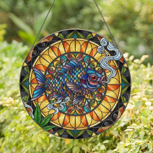 Vibrant Fish Red Eye Cannabis Leaf Exhaling Smoke Petals Organic Border - Home Decor Gift Stained Glass Suncatcher