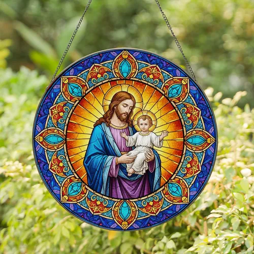 Jesus Cradling Baby Jesus - Christian Home Decor Gift for Family Stained Glass Suncatcher