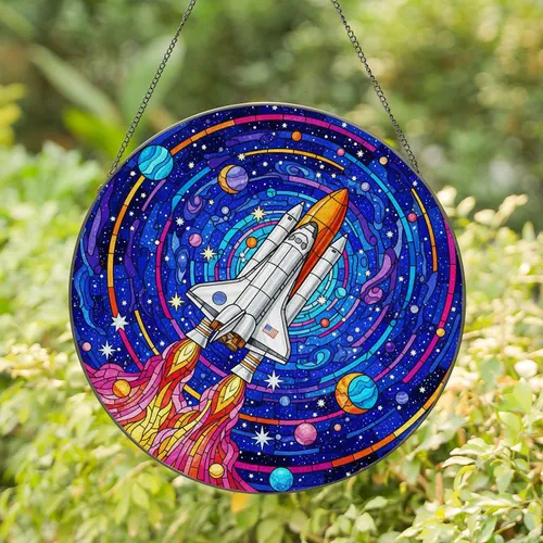Space Shuttle Cosmic Blast Off Vibrant Universe Home Decor Gift for Space Lover Stained Glass Suncatcher