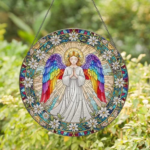 Serene Angel Feathered Wings Golden Halo Poinsettia Floral - Home Decor Gift Stained Glass Suncatcher