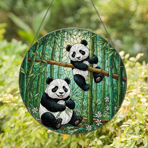 Two Pandas Sunlit Lush Green Bamboo Forest Canopy - Home Decor Gift for Panda Lover Stained Glass Suncatcher