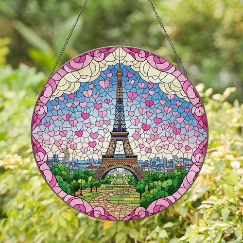 Eiffel Tower Parisian Cityscape Pink Heart Frame - Home Decor Gift Stained Glass Suncatcher