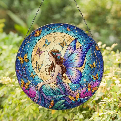 Fairy Butterfly Full Moon Night Sky - Home Decor Gift for Fantasy Lover Stained Glass Suncatcher
