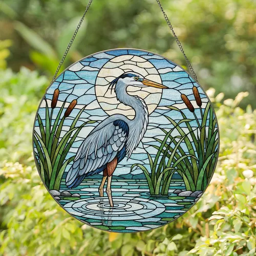 Great Blue Heron Marsh Wildlife - Home Decor Gift for Bird Watchers Stained Glass Suncatcher