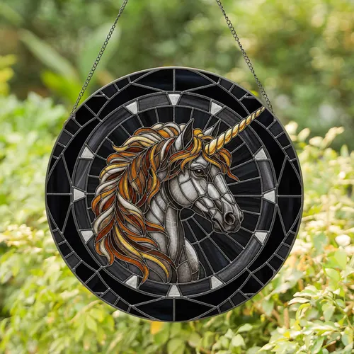 Majestic Unicorn Head Profile Horn Mane Circular Frame - Home Decor Gift for Unicorn Lover Stained Glass Suncatcher