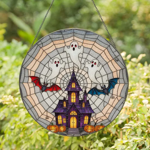 Floating Ghost Haunted House Spiderweb - Spooky Halloween Decor Stained Glass Suncatcher