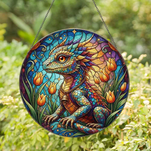Baby Lizard Dragon Tulip Flowers - Home Decor Gift for Dragon Lover Stained Glass Suncatcher