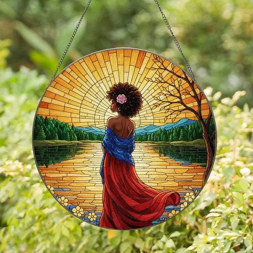 Black Woman Afro Pink Flower Setting Sun Lake - Home Decor Gift for Women Stained Glass Suncatcher