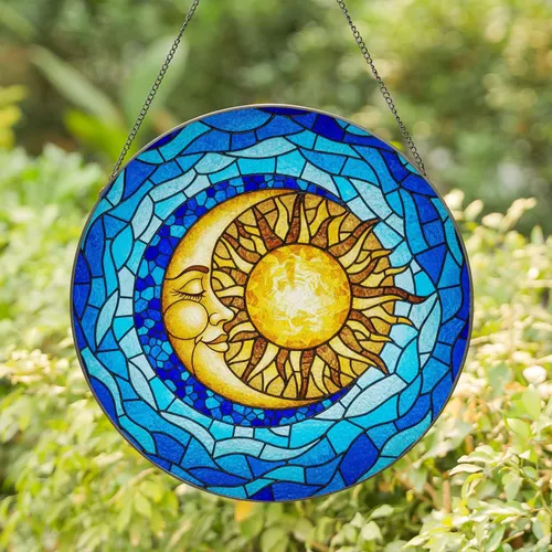 Celestial Moon Face Golden Sun Home Decor Gift for Celestial Lover Stained Glass Suncatcher