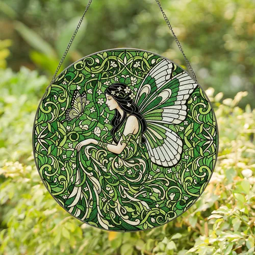Fairy Woman Butterfly Wings Floral Botanical - Home Decor Gift Stained Glass Suncatcher