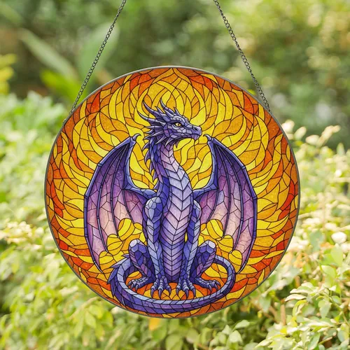Purple Blue Dragon Sunburst Stained Glass - Home Decor Gift for Dragon Lover Stained Glass Suncatcher