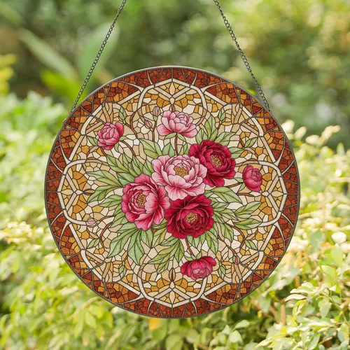 Peonies Roses Floral Mosaic Bouquet - Home Decor Gift for Garden Lover Stained Glass Suncatcher