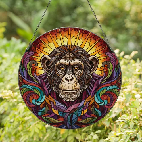 Chimpanzee Head Sunburst Feathered Leafy - Wildlife Lover Home Decor Gift Stained Glass Suncatcher