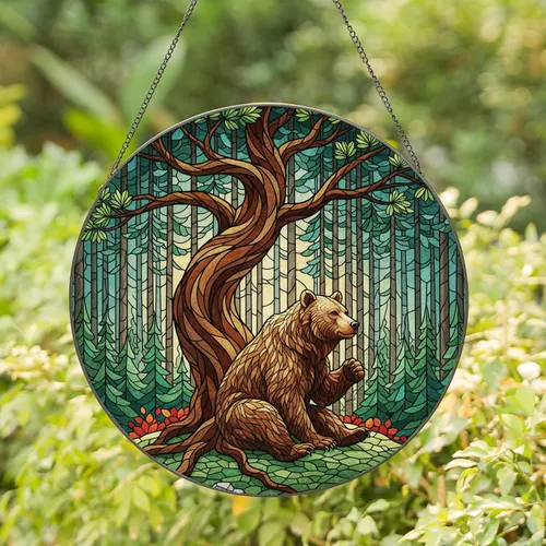 Brown Bear Gnarled Tree Forest Stained Glass Mosaic - Nature Lover Home Decor Gift Stained Glass Suncatcher