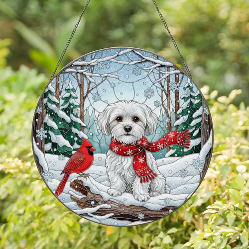 Maltese Dog Cardinal Winter Snowflakes Forest - Christmas Home Decor Gift for Dog Lovers Stained Glass Suncatcher