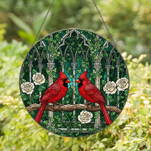 Northern Cardinals White Roses Gothic Forest - Home Decor Gift for Bird Lovers Stained Glass Suncatcher