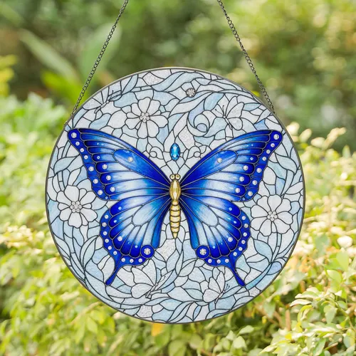 Magnificent Butterfly White Flowers Glass Mosaic - Home Decor Gift for Butterfly Lovers Stained Glass Suncatcher