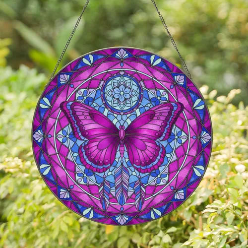 Butterfly Dreamcatcher Feathers Floral Geometric Mosaic - Home Decor Gift Stained Glass Suncatcher