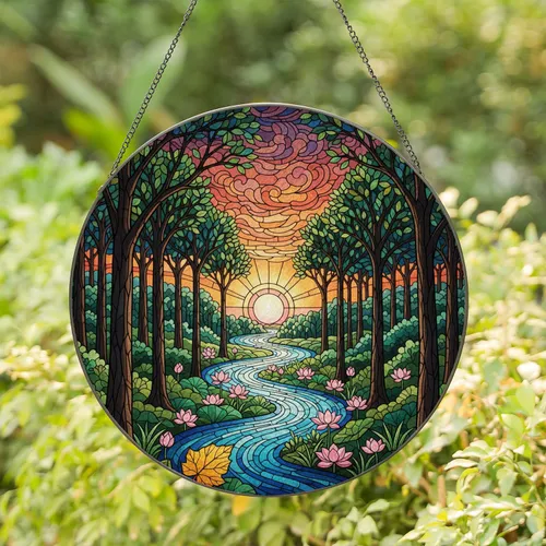 Forest River Landscape Sun Orb Towering Trees Pink Lotus Sunset Clouds - Home Decor Gift Stained Glass Suncatcher