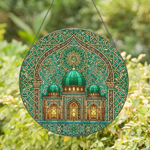 Green Dome Mosque Islamic Archway Tessellated Floral Mandala - Home Decor Gift Stained Glass Suncatcher