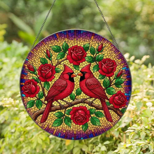 Cardinal Birds Rose Flower Branch - Wildlife Lover Home Decor Gift for Bird Watcher Stained Glass Suncatcher