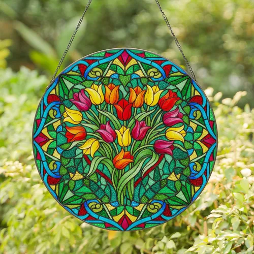 Vibrant Tulip Bouquet Heart Green Stems Leaves - Home Decor Gift for Garden Lover Stained Glass Suncatcher