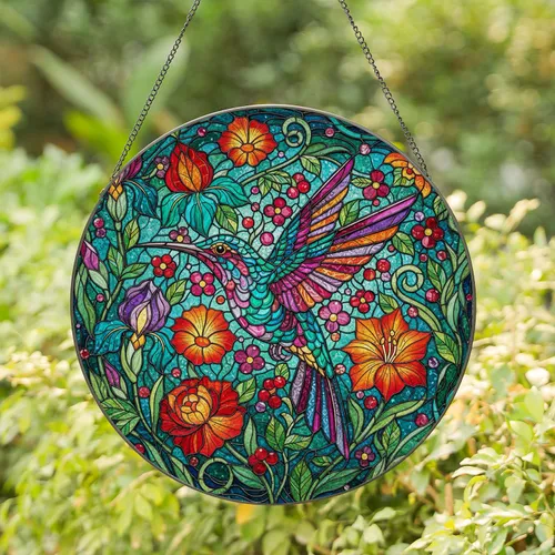 Hummingbird Blooming Flowers Foliage Berry Tapestry Mosaic - Bird Watcher Home Decor Gift Stained Glass Suncatcher
