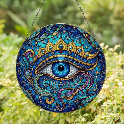 Blue Human Eye Peacock Feather Paisley Cosmic Nebulae - Spiritual Home Decor Gift Stained Glass Suncatcher