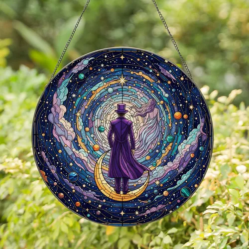 Man Purple Top Hat Golden Crescent Moon Cosmic Sky - Home Decor Gift for Cosmic Lover Stained Glass Suncatcher