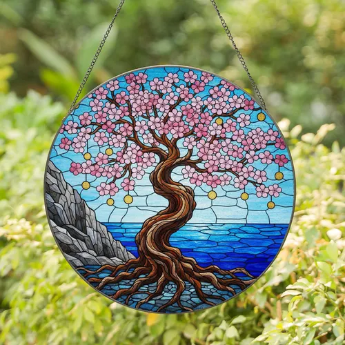 Gnarled Tree of Life Cherry Blossom Ocean Cliff - Home Decor Gift for Nature Lover Stained Glass Suncatcher