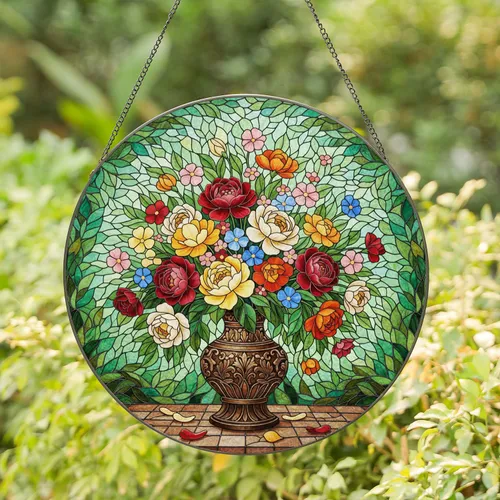 Blooming Floral Bouquet Mosaic Vase Green Foliage Petals Tiled Surface - Home Decor Gift for Garden Lover Stained Glass Suncatcher