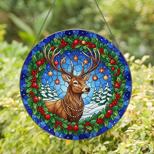 Stag Antlers Ornaments Evergreen Wreath - Christmas Winter Holiday Decor Gift Stained Glass Suncatcher