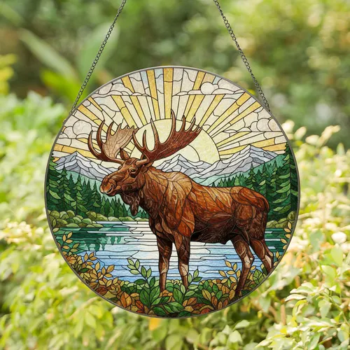 Majestic Moose Mountain Forest Landscape Golden Sunbeams - Wildlife Home Decor Gift Stained Glass Suncatcher