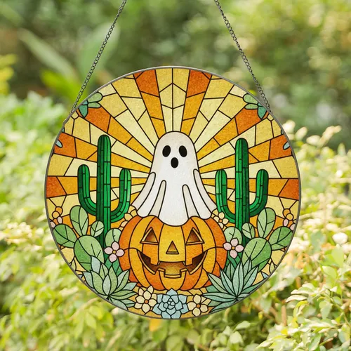 Ghost Jack-o'-lantern Desert Cactus - Halloween Decor Gift for Halloween Lover Stained Glass Suncatcher