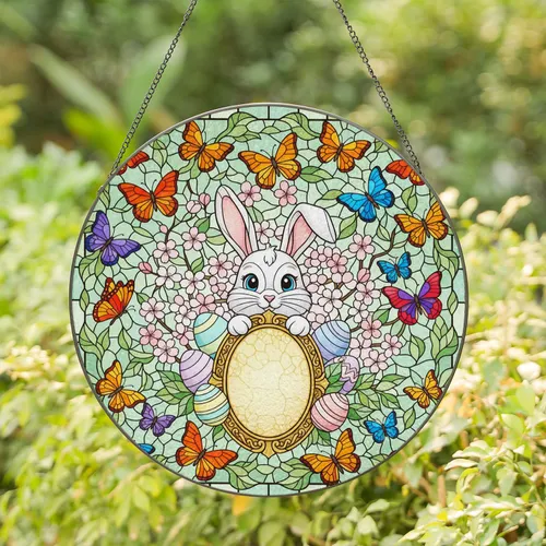 Easter Bunny Eggs Blossoms - Easter Holiday Gift Stained Glass Suncatcher