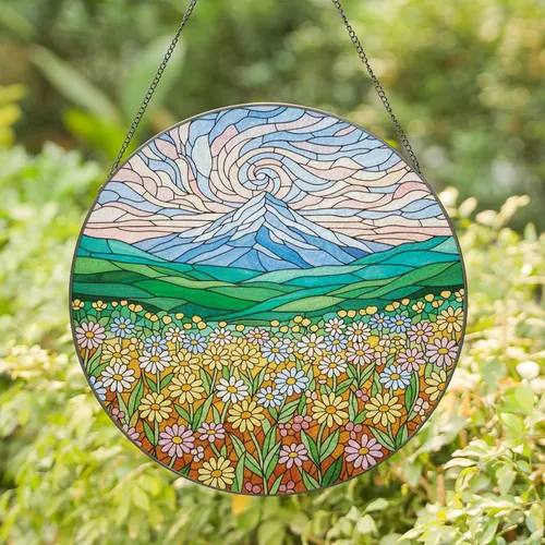 Wildflower Field Mountain Peak Cloudy Sky - Home Decor Gift for Garden Lover Stained Glass Suncatcher