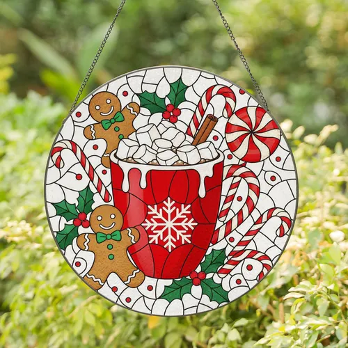 Red Hot Chocolate Mug Gingerbread Man Candy Cane Peppermint Lollipop - Christmas Holiday Gift Stained Glass Suncatcher