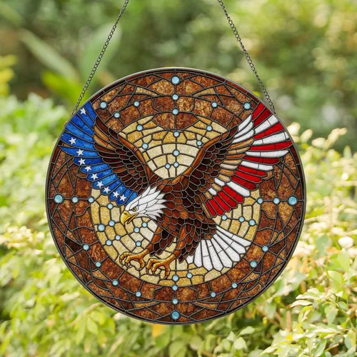 Bald Eagle American Flag Independence Day Gift for Veterans Stained Glass Suncatcher